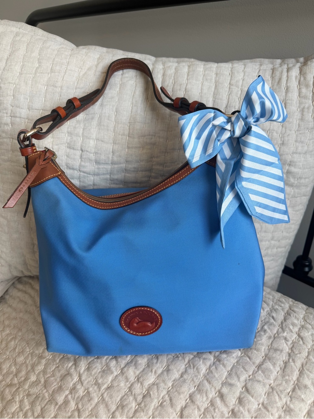 Dooney and Bourke Blue Erika Shoulder Canvas Hobo Bag with Brown leather 12x9